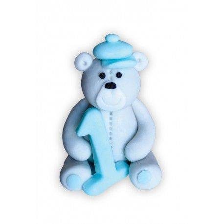 Cukrová figurka medvídek s číslem 1 modrý 6cm - Dekor Pol