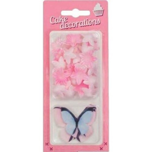 Dekorace z jedlého papíru Motýlci růžoví a modří a květiny mini růžové (30 ks) - dortis